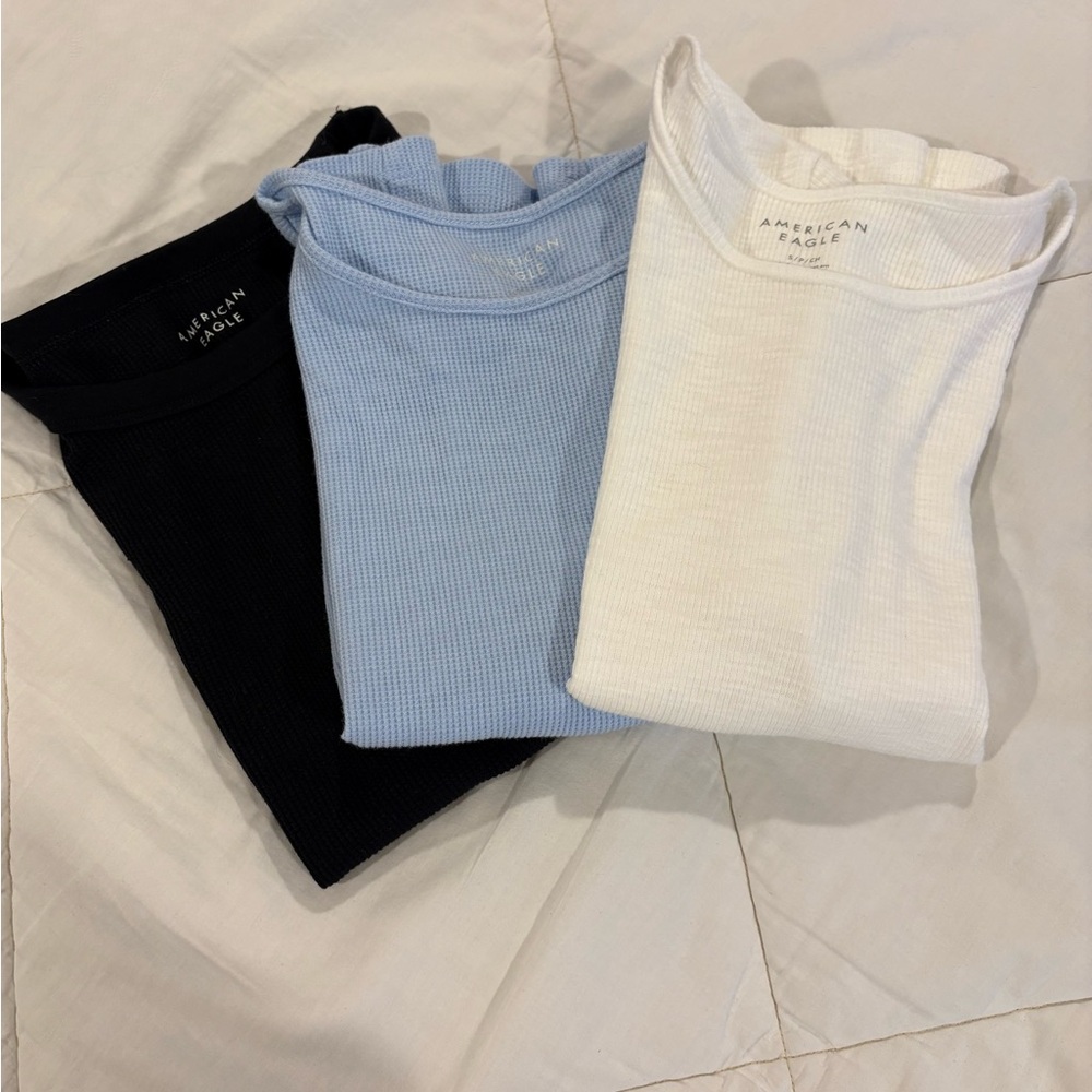 American Eagle Ribbed Short Sleeve Tops - Black, Blue, White Bundle